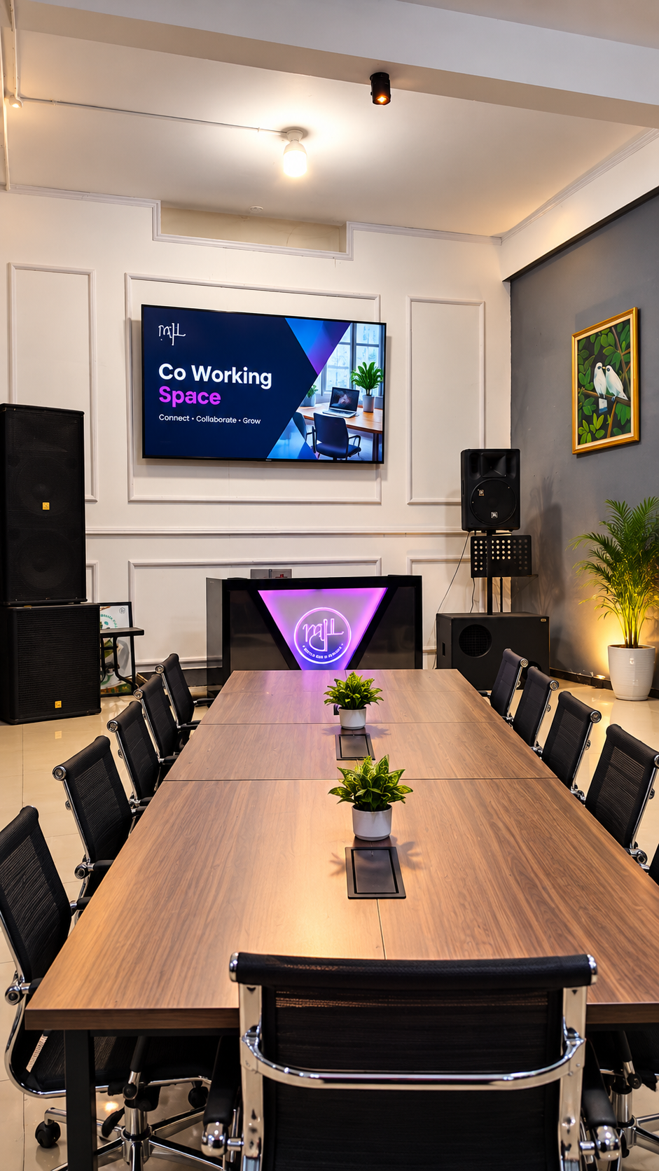 Ruang privat MJL Malang dengan meja meeting, kursi, layar, dan sound system